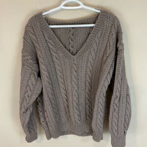 Handmade  Chunky Mixed Knit  Cable Knit  V-Neck Sweater Taupe Tan
